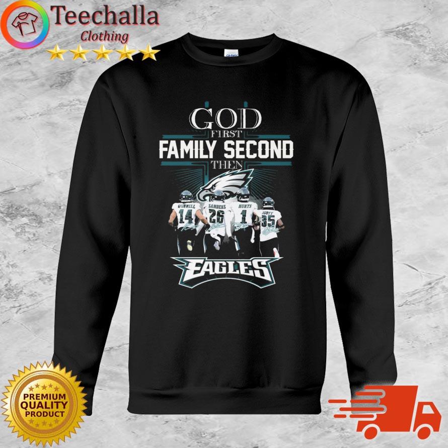 Kenneth Gainwell Miles Sanders Jalen Hurts And Boston Scott God First Family Second Then Philadelphia Eagles Signatures shirt