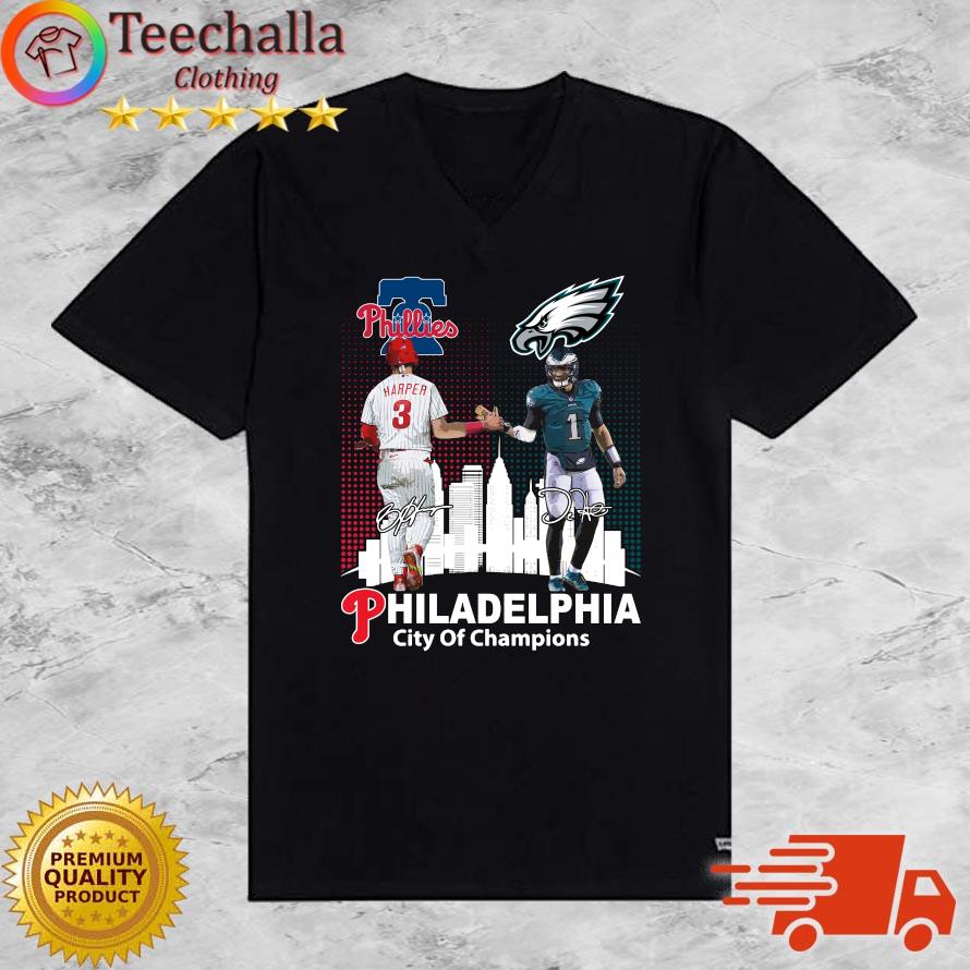 Philadelphia Phillies City Of Champions Philadelphia Phillies And Philadelphia Eagles Signatures sweats V-neck